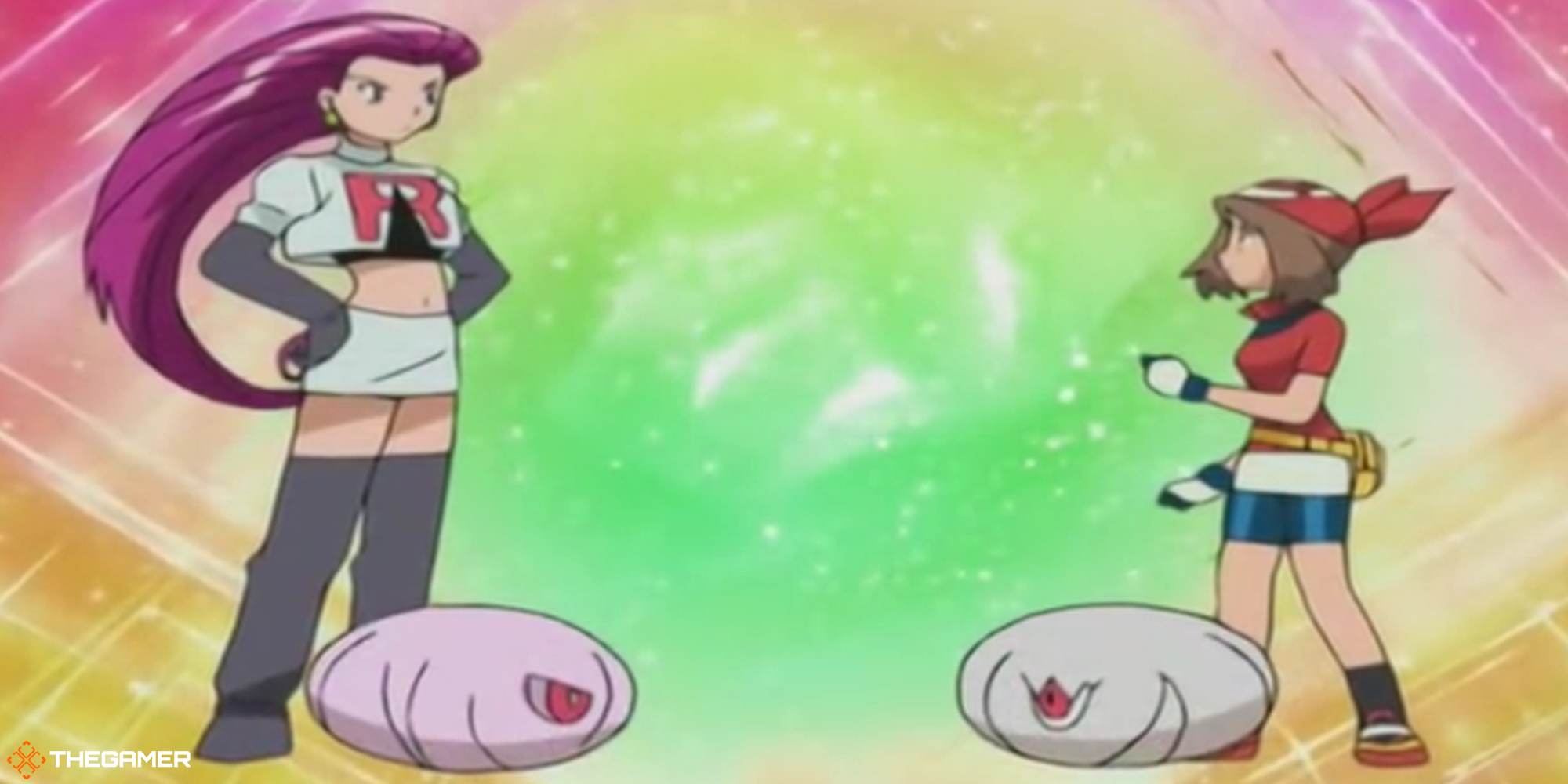 May and Jesse with Silcoon and Cascoon in the Pokemon Anime.