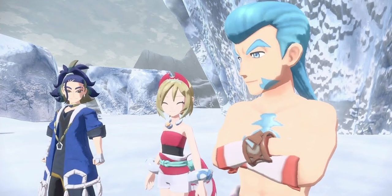 Gaeric standing in front of a glacier with Adaman and Irida