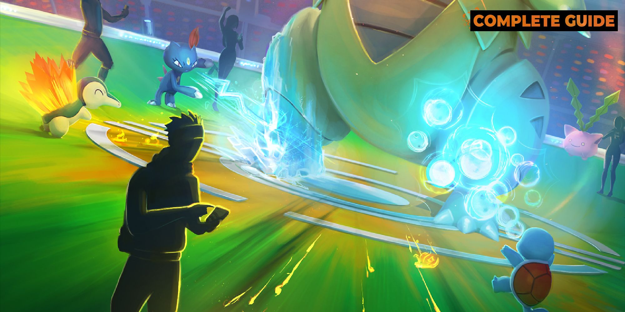 Trainers battling Tyranitar with Squirtle, Cyndaquil, and Sneasel