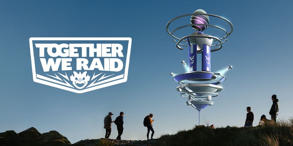 Several people standing around a Pokemon Go Raid with the text "Together We Raid" above them