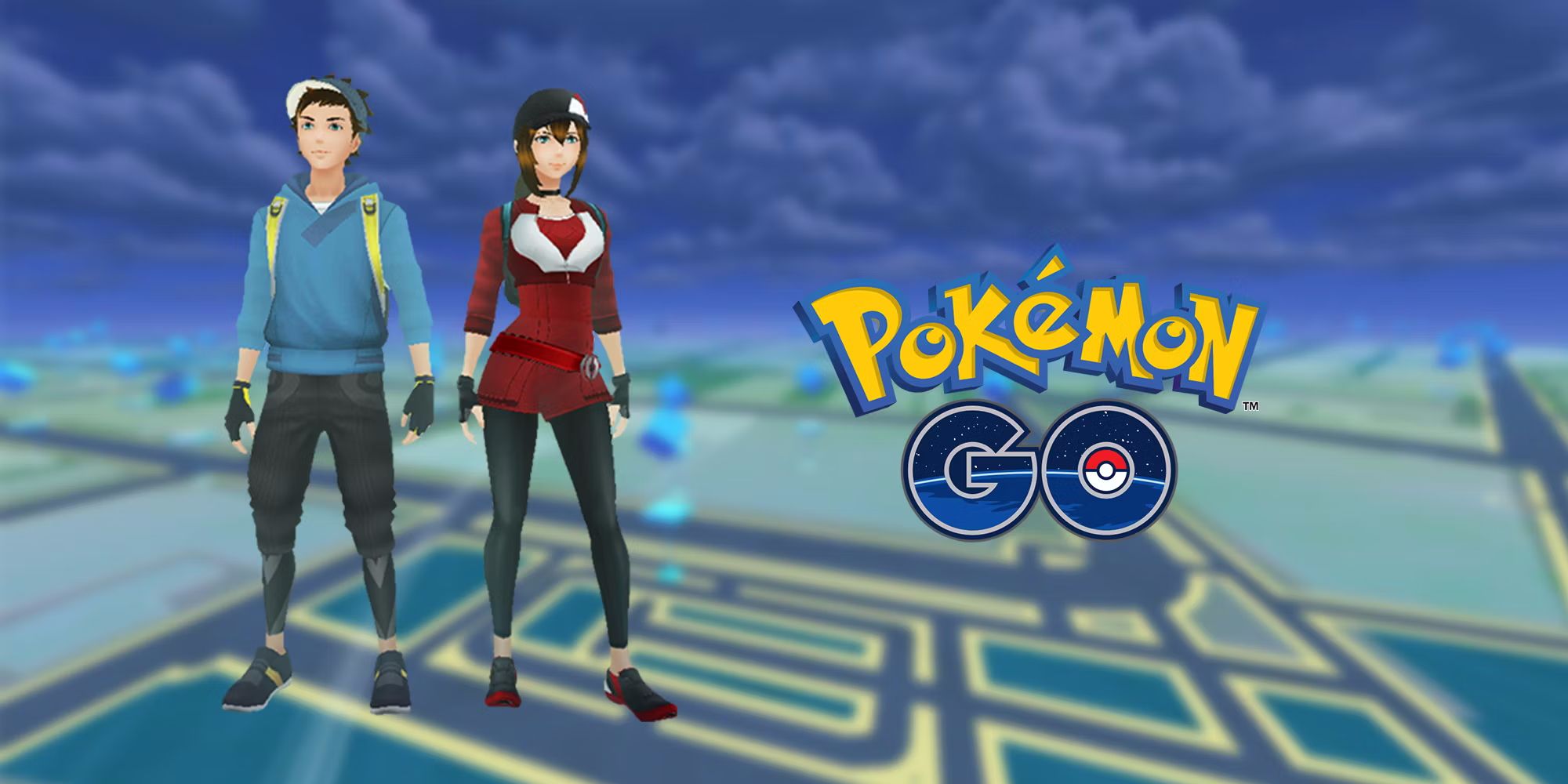 Two Pokemon Go Trainers standing next to the Pokemon Go logo