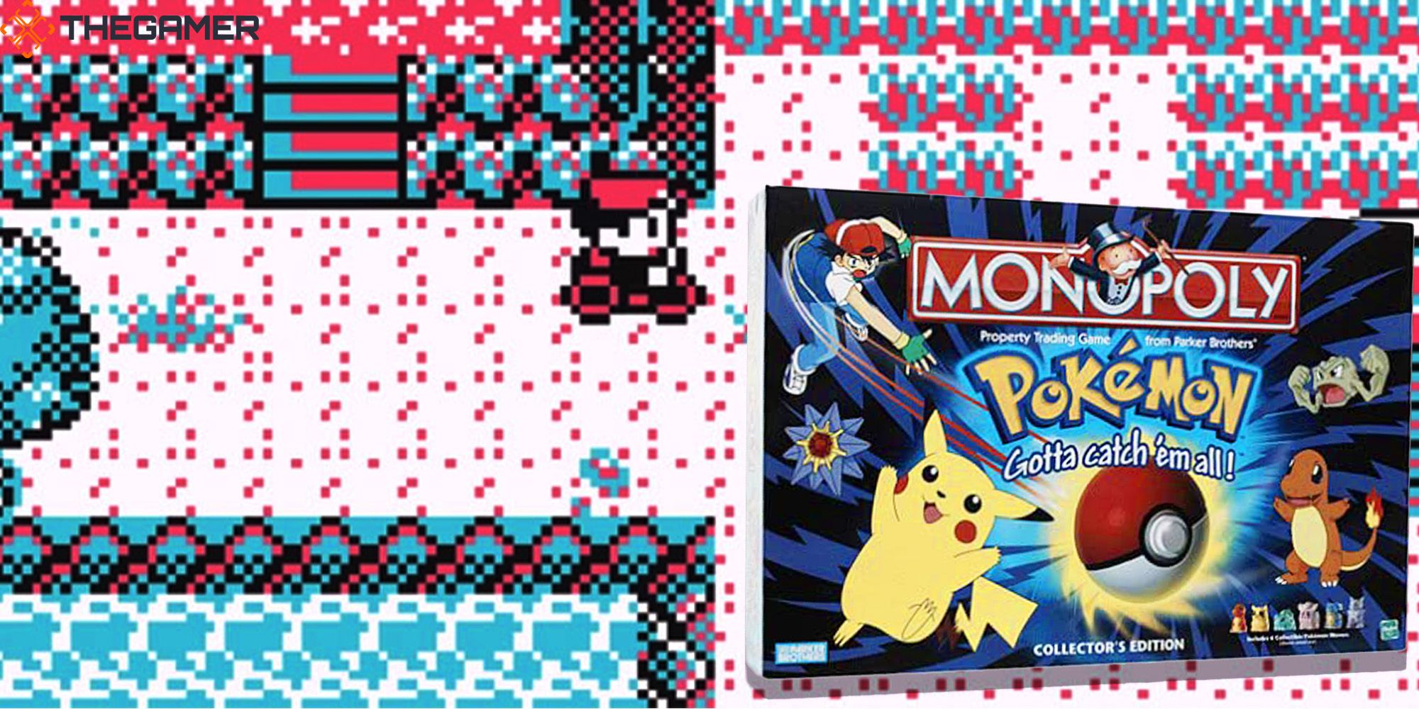 A nineties copy of Pokémon Monopoly in front of a screenshot of a Game Boy-era Pokémon game. Custom image for TG.