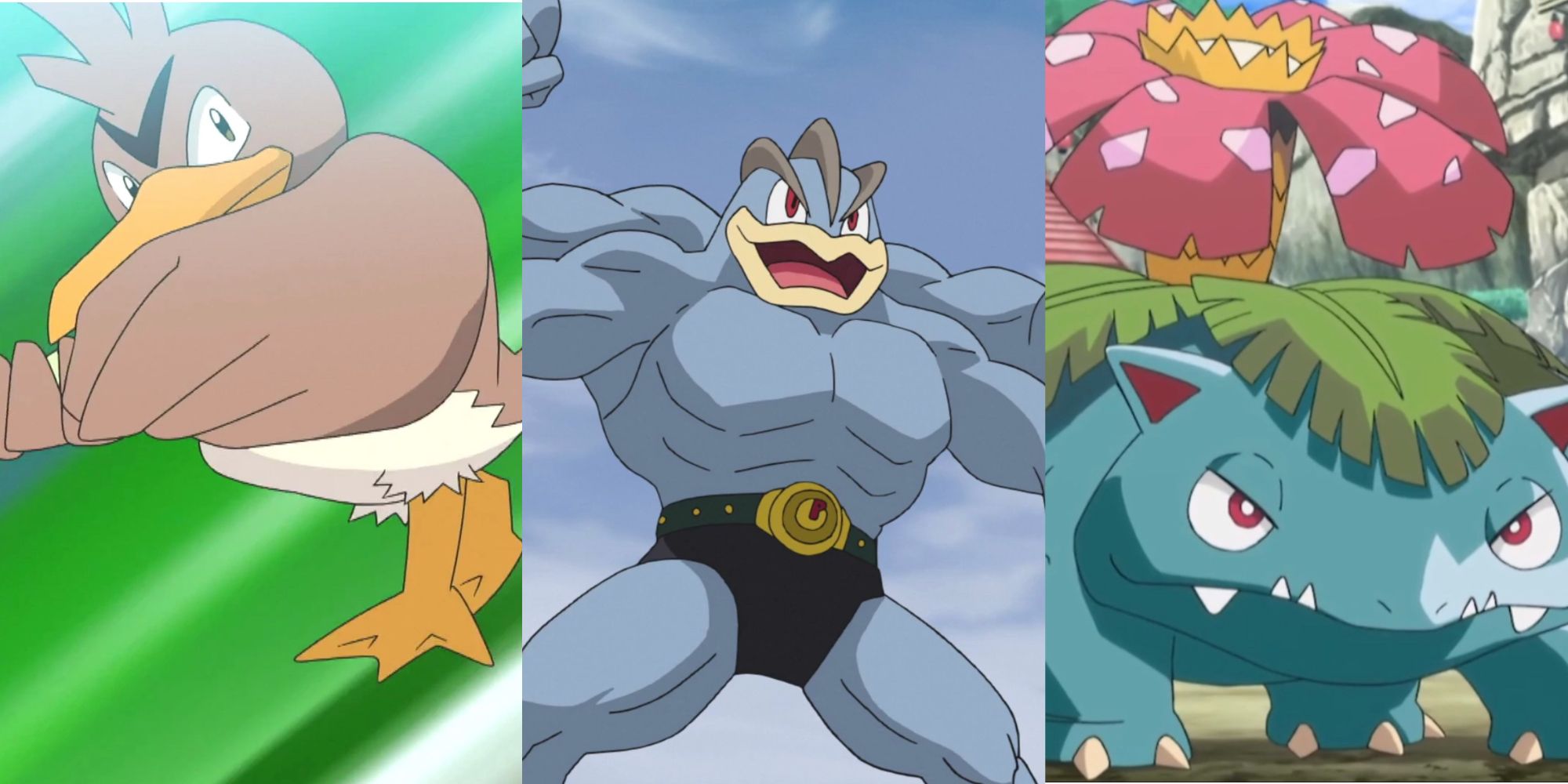 Pokemon Unite Best Boost Emblems: Farfetch'd, Machamp, Venusaur.