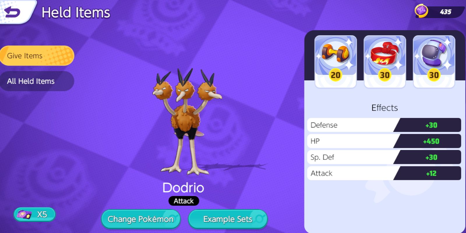 Dodrio's Held Item selection screen with Attack Weight, Focus Band, and Score Shield selected