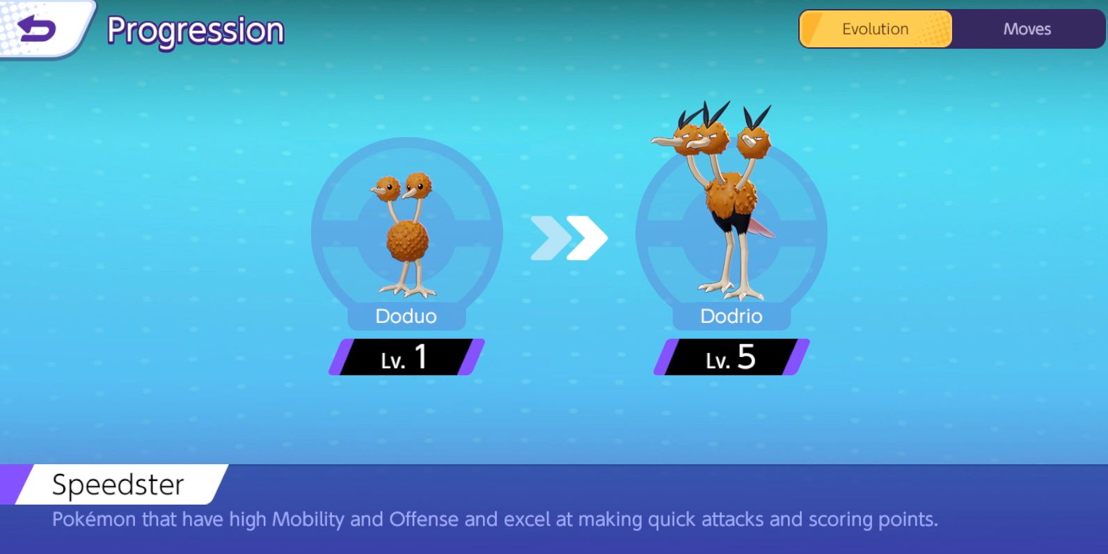 Dodrio's progress screen from Pokemon Unite showing when Doduo evolves into Dodrio