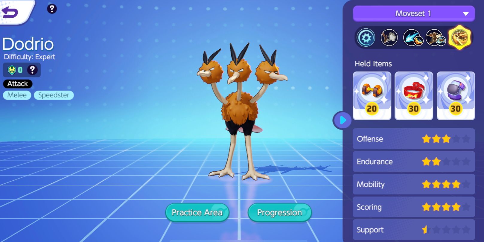 Dodrio's stats screen from Pokemon Unite