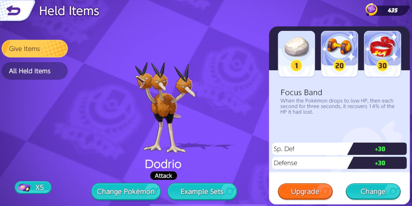 Dodrio's Held Item selection screen with Float Stone, Attack Weight, and Focus Band selected