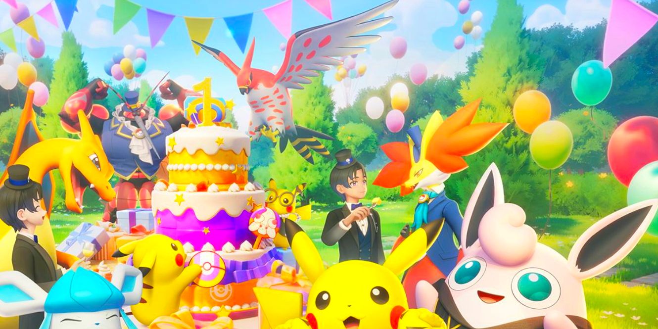 Various Pokemon from Pokemon Unite at a party celebrating the game's first anniversary