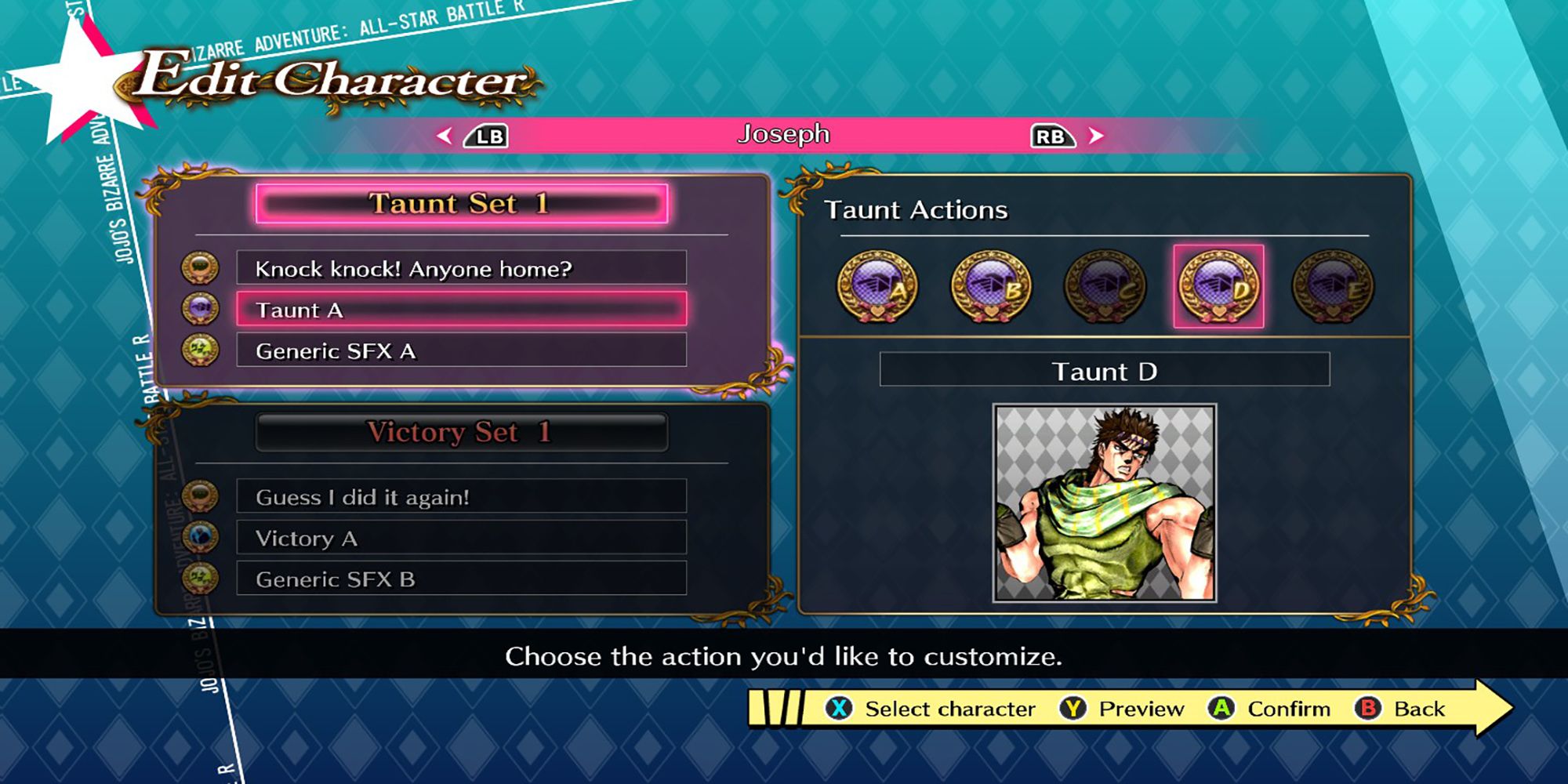 You can choose one of several unique poses for your character to perform while taunting an opponent in Jojo's Bizarre Adventure ASBR.