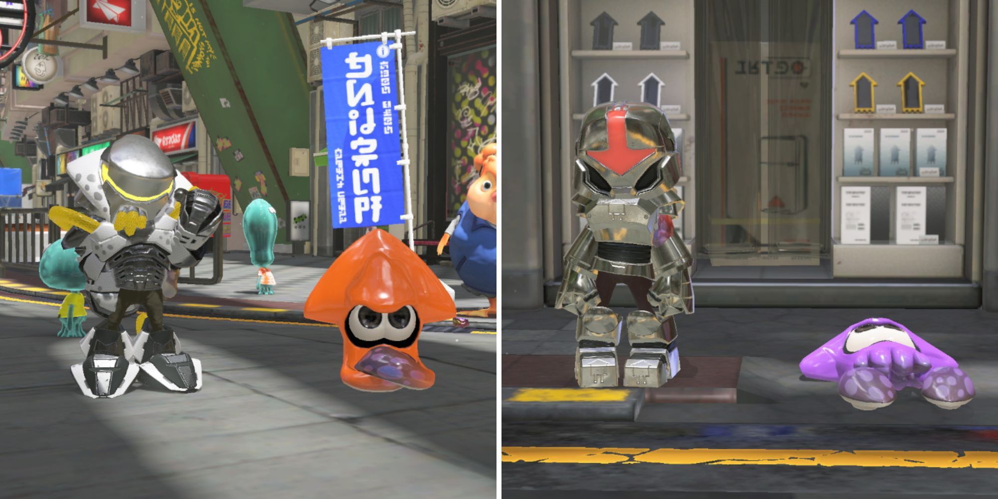 An Inkling wearing the Power Outfit beside an orange squid and an Inkling wearing the Mk Power Outfit beside a purple squid