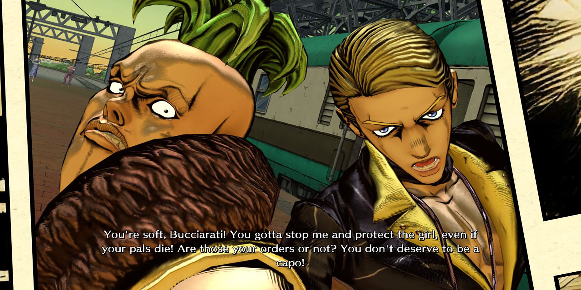 Prosciutto And Pesci stare down Buciarati before a battle at the Naples Train Station in JoJo's Bizarre Adventure ASBR.