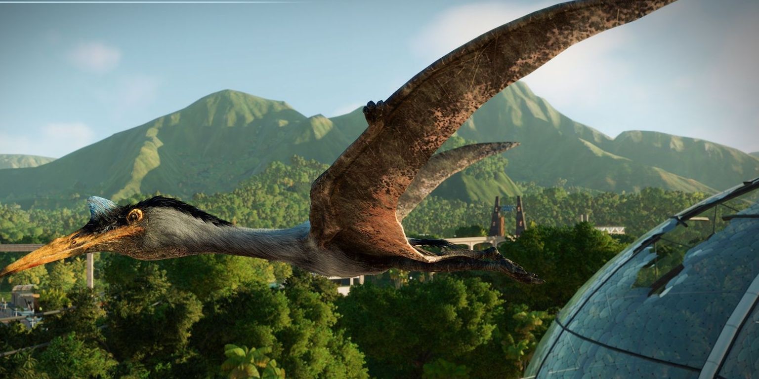 A Quetzalcoatlus flying in the Jurassic World Evolution 2 Dominion Biosyn Expansion