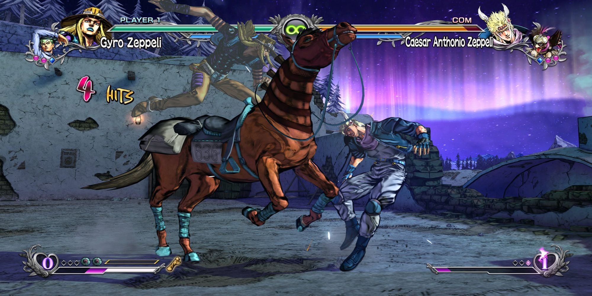 Gyro quickly mounts his horse in the middle of attacking Caesar in the Rocky Mountain Village in JoJo's Bizarre Adventure ASBR.