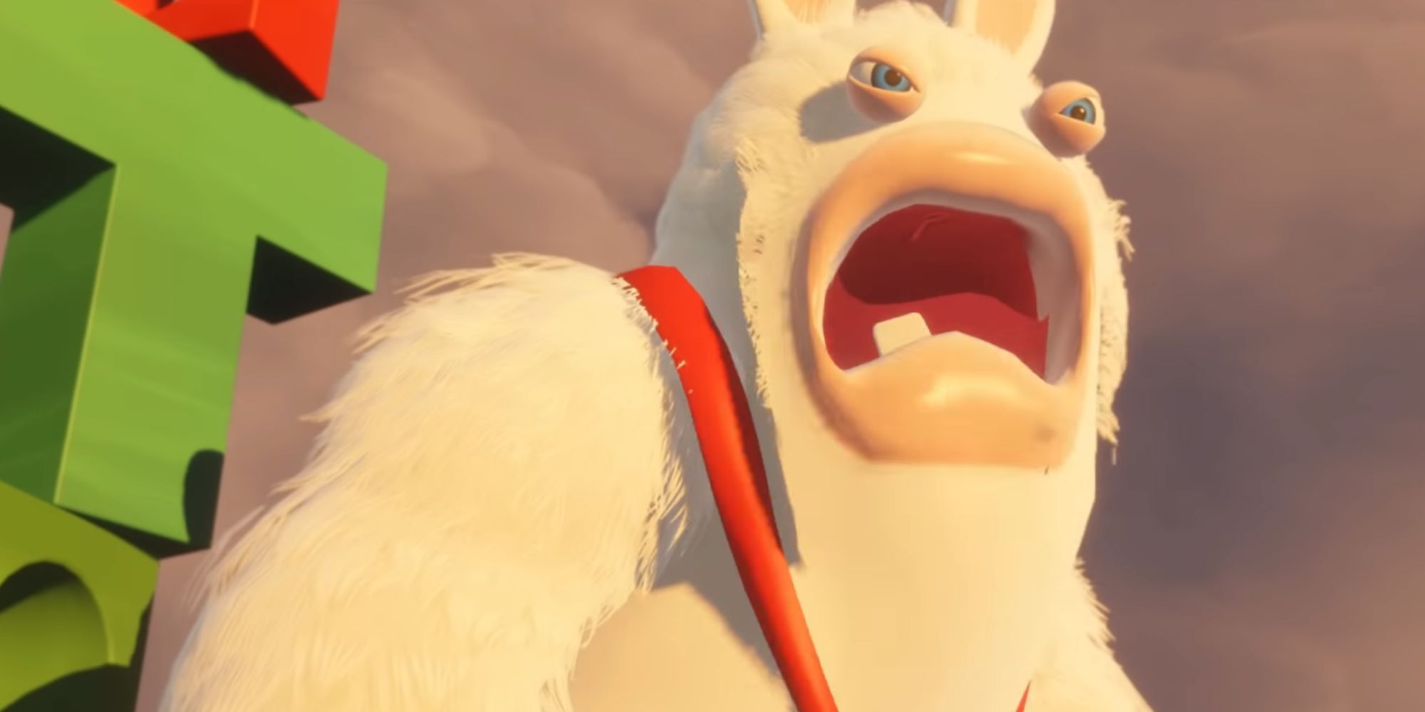 Rabbid Kong roars into the sky by some stacked letters