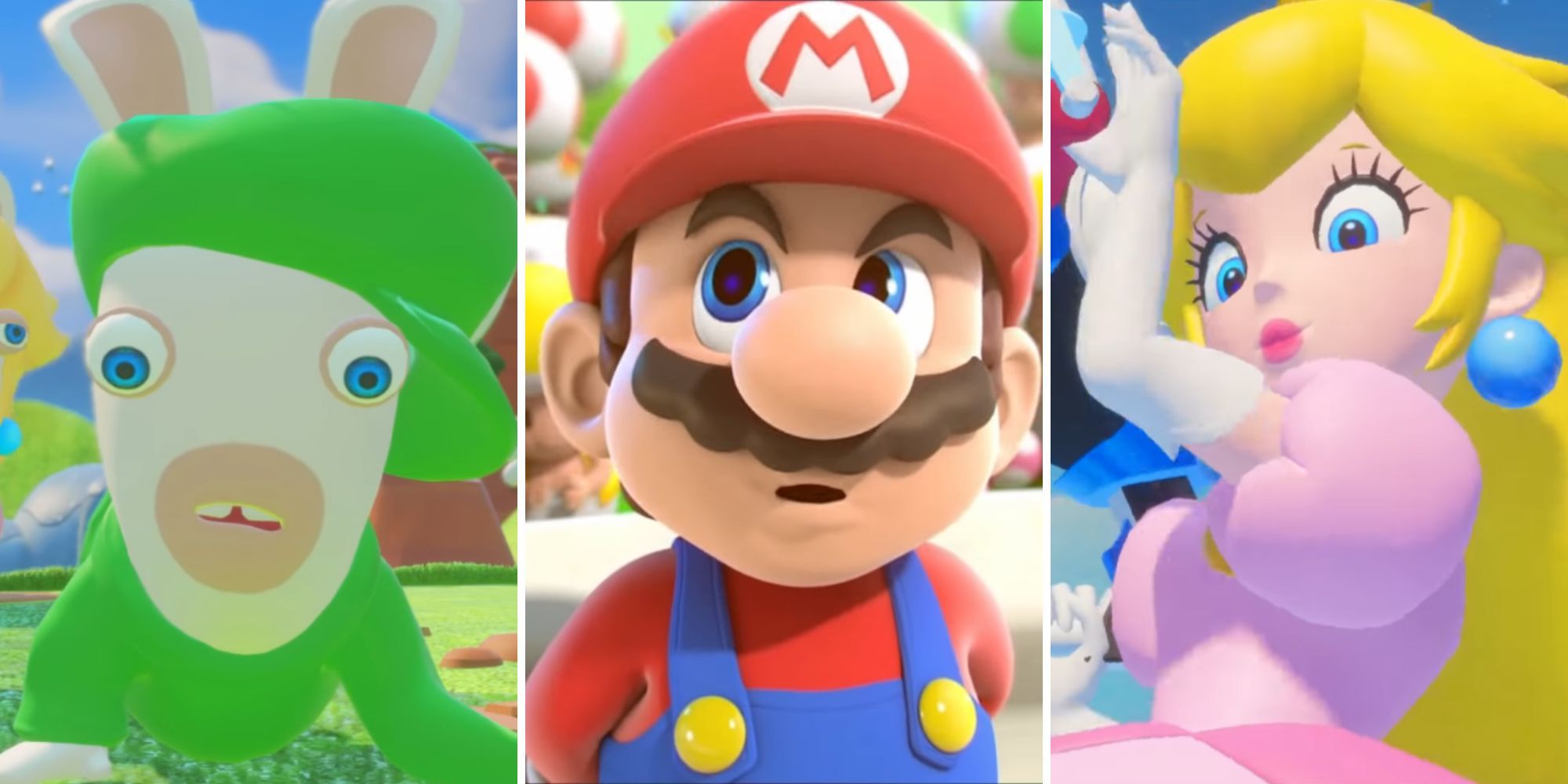 Rabbid Luigi looks up, Mario stands in front of a crowd, Peach flies through the sky