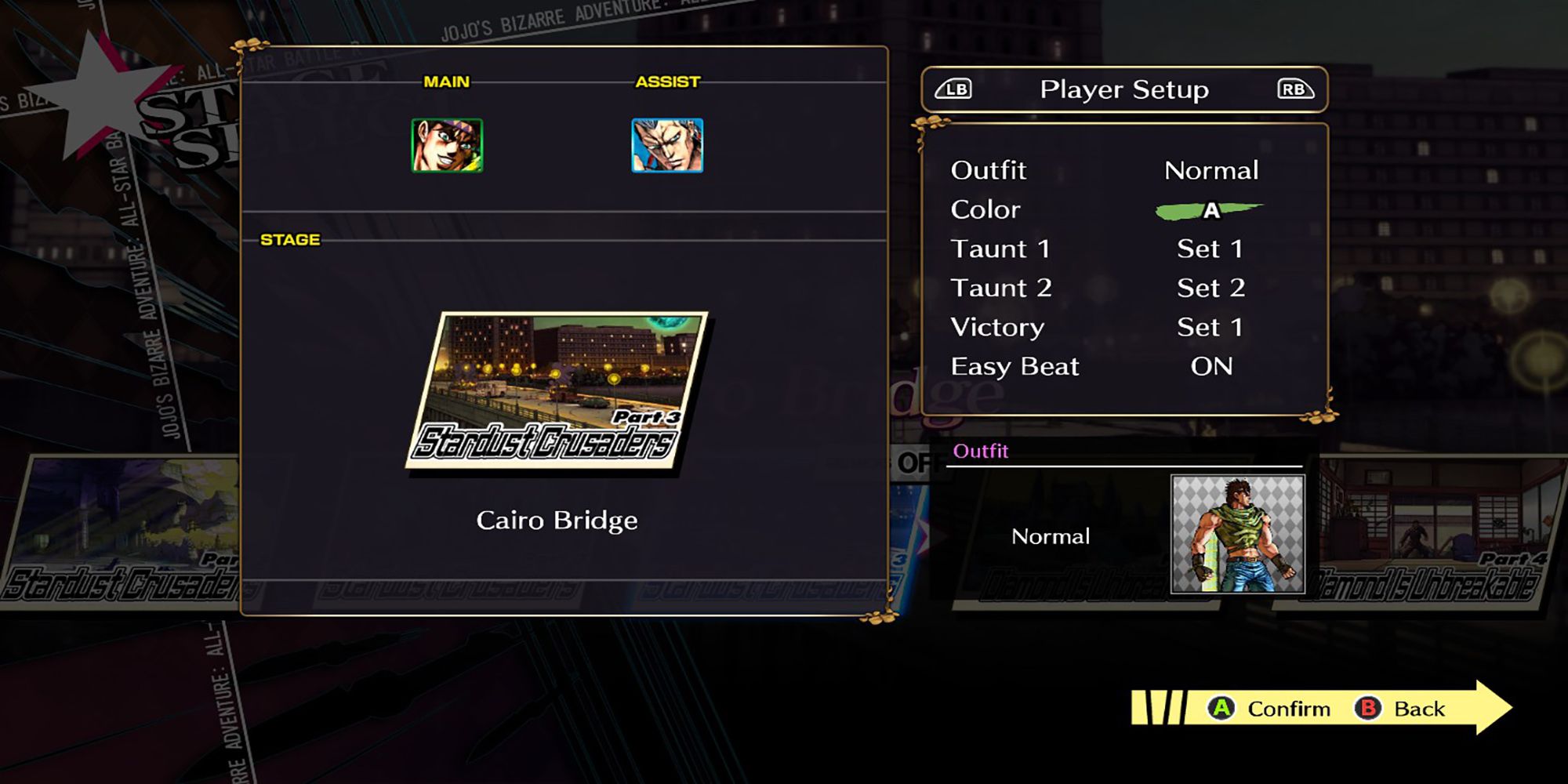 A ranked match preset with Joseph Joestar as the main, Jean-Pierre Polnareff as the assist, and the Cairo Bridge as the stage in Jojo's Bizarre Adventure- ASBR.