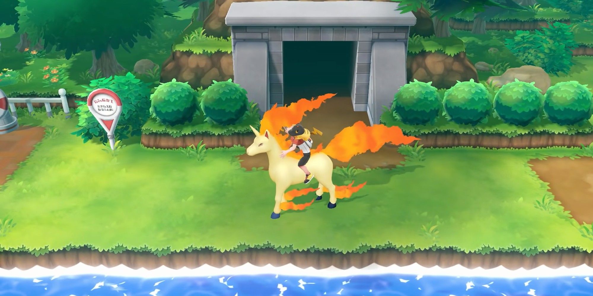Rapidash from Pokemon Let's Go Eevee & Let's Go Pikachu, looking to the left standing still in front of Diglett's Cave