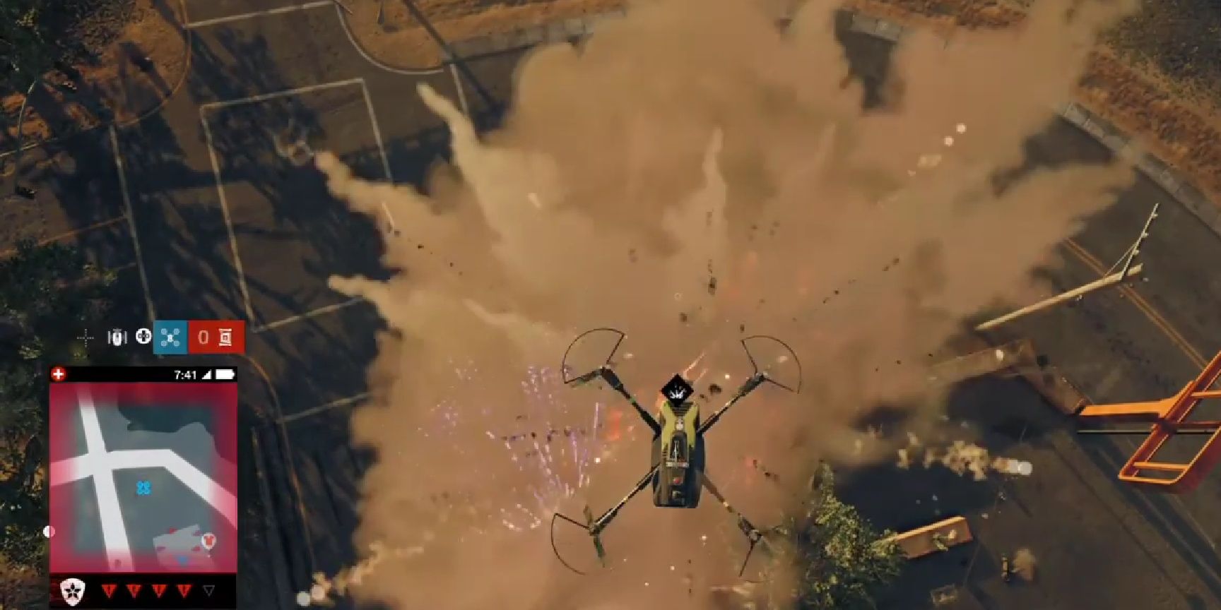Screenshot of a quadrocopter exploding a helicopter with the Remote Gadgets Skill  in Watch Dogs 2.