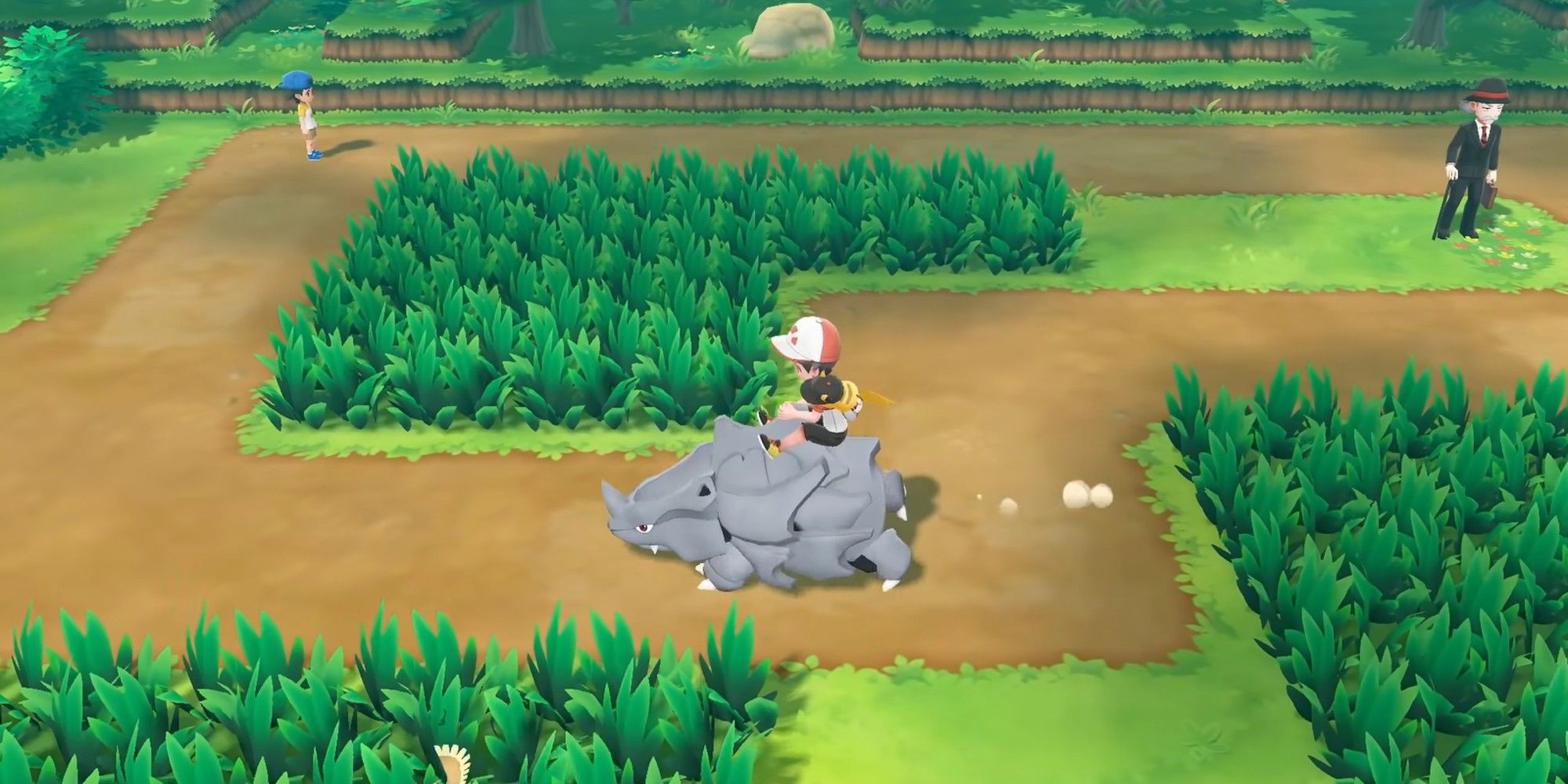 Rhyhorn from Pokemon Let's Go Eevee & Let's Go Pikachu runnin to the left in Route 11