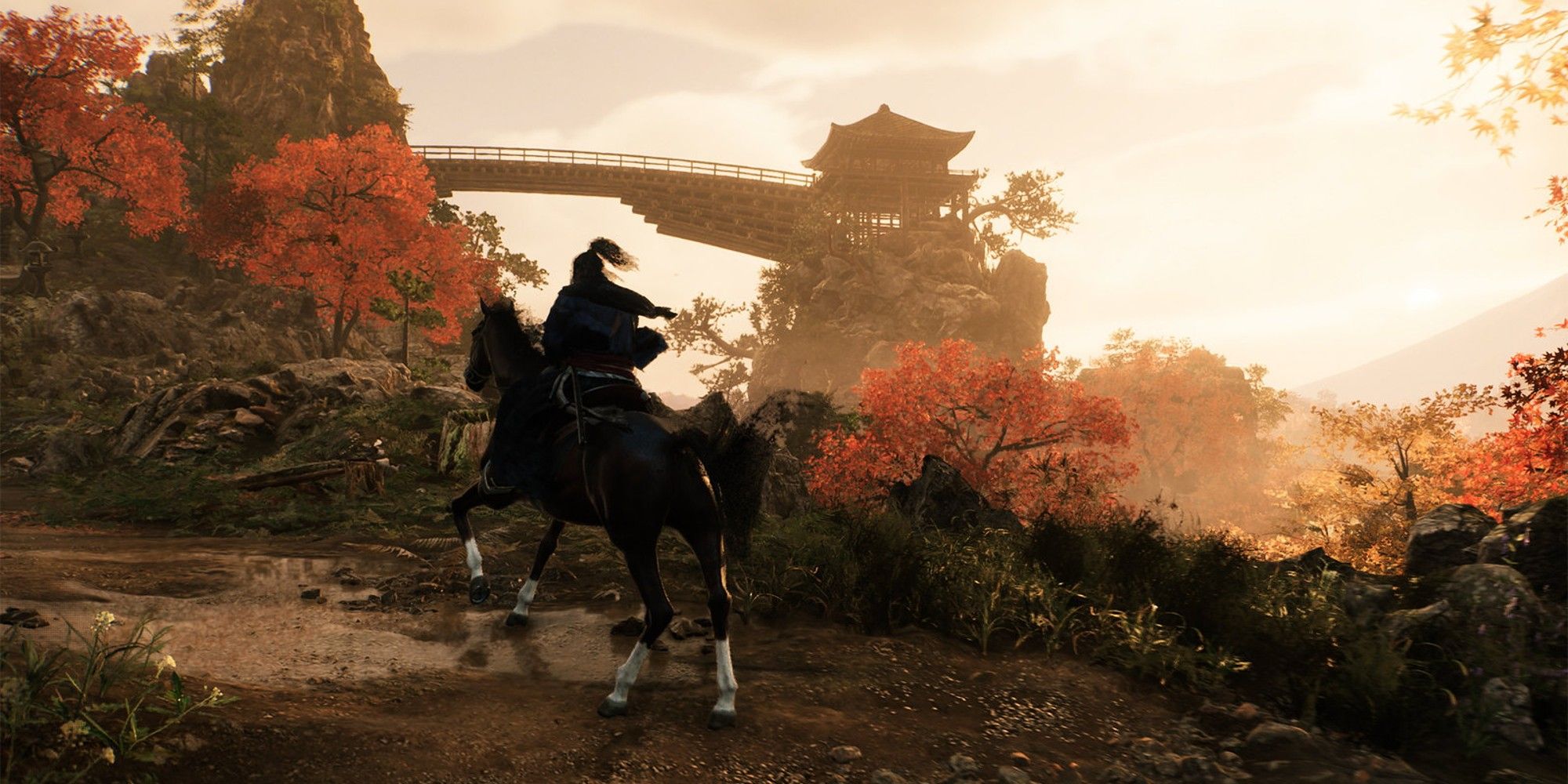 Ronin Riding A Horse Across Rise Of The Ronin's Open-World Of Feudal Japan
