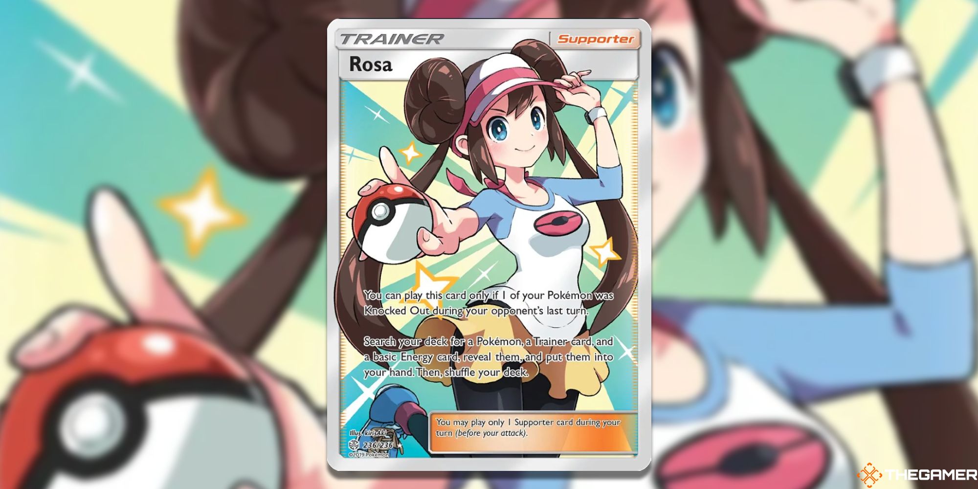 Pokemon TCG Full Art Rosa from SM-Cosmic Eclipse with blurred background