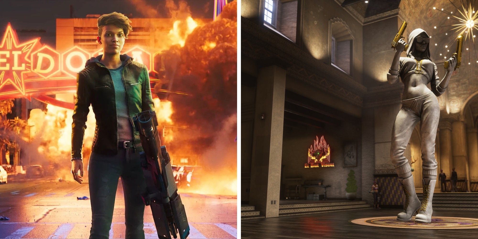 Saints Row character on the left and inside the headquarters picture on the right.