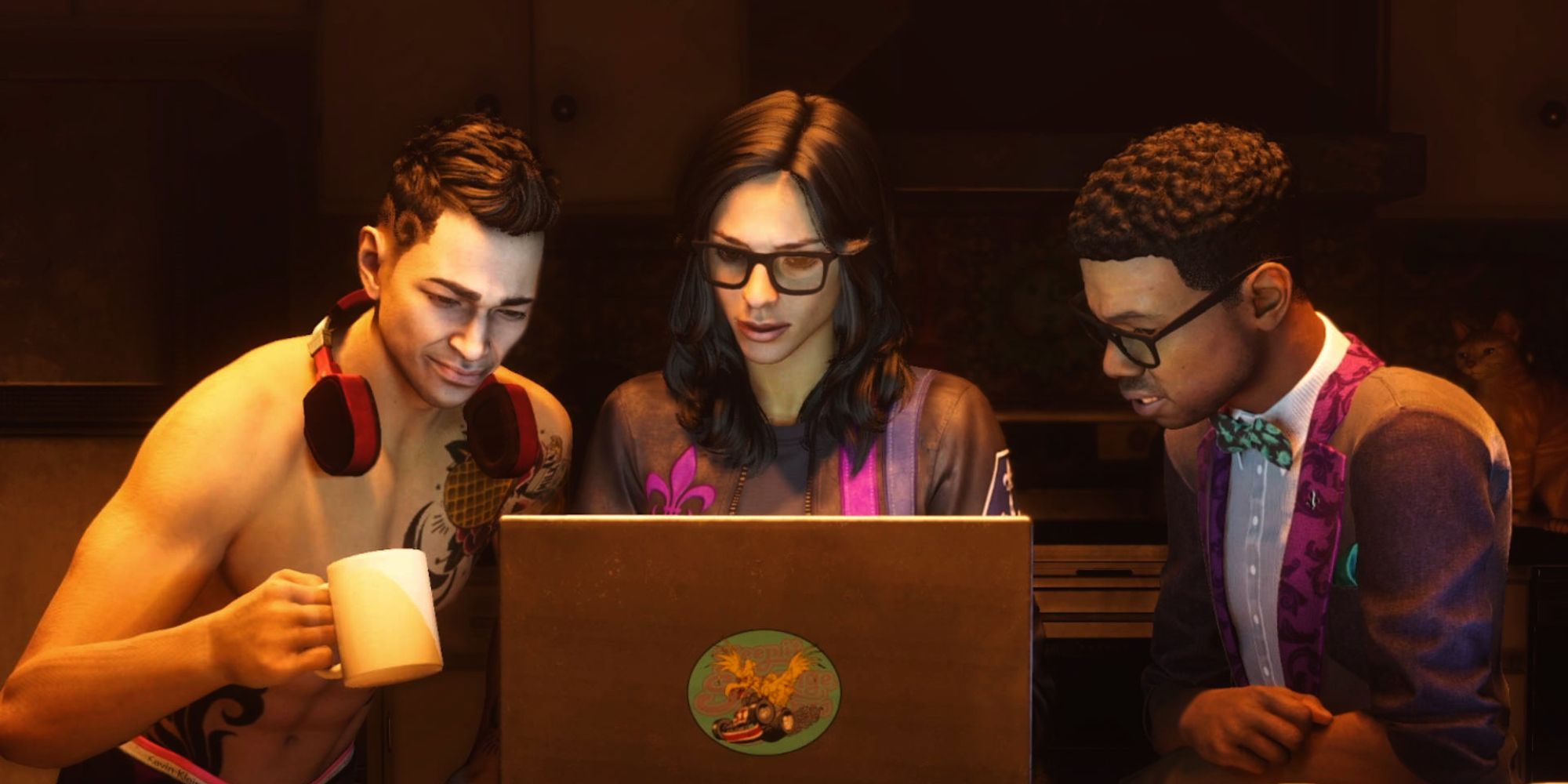 Saints Row Screenshot Of Kev Neenah And Eli staring At Laptop