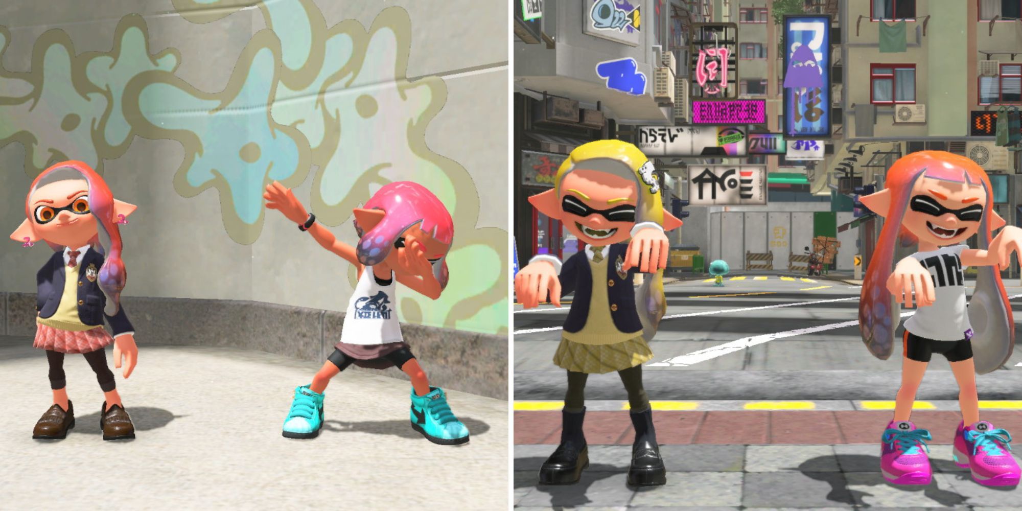An Inkling wearing the School Cardigan poses beside a dabbing Inkling and two Inklings hold their hands in the air