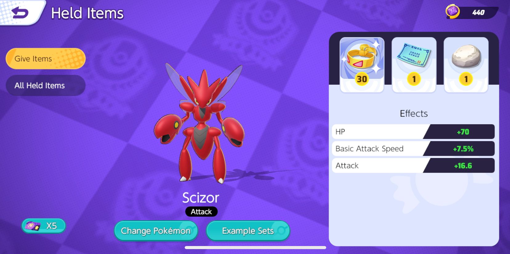 Scizor Held Item selection screen, with Muscle Band, Weakness Policy, and Float Stone selected