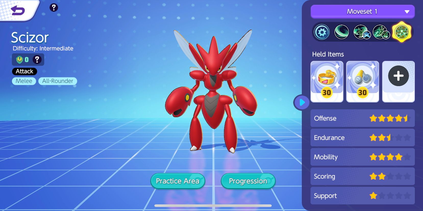 Scizor's stat screen from Pokemon Unite, showing its stats and Held Items