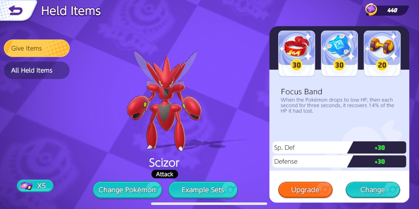 Scizor Held Item selection screen, with Focus Band, Buddy Barrier, and Attack Weight selected