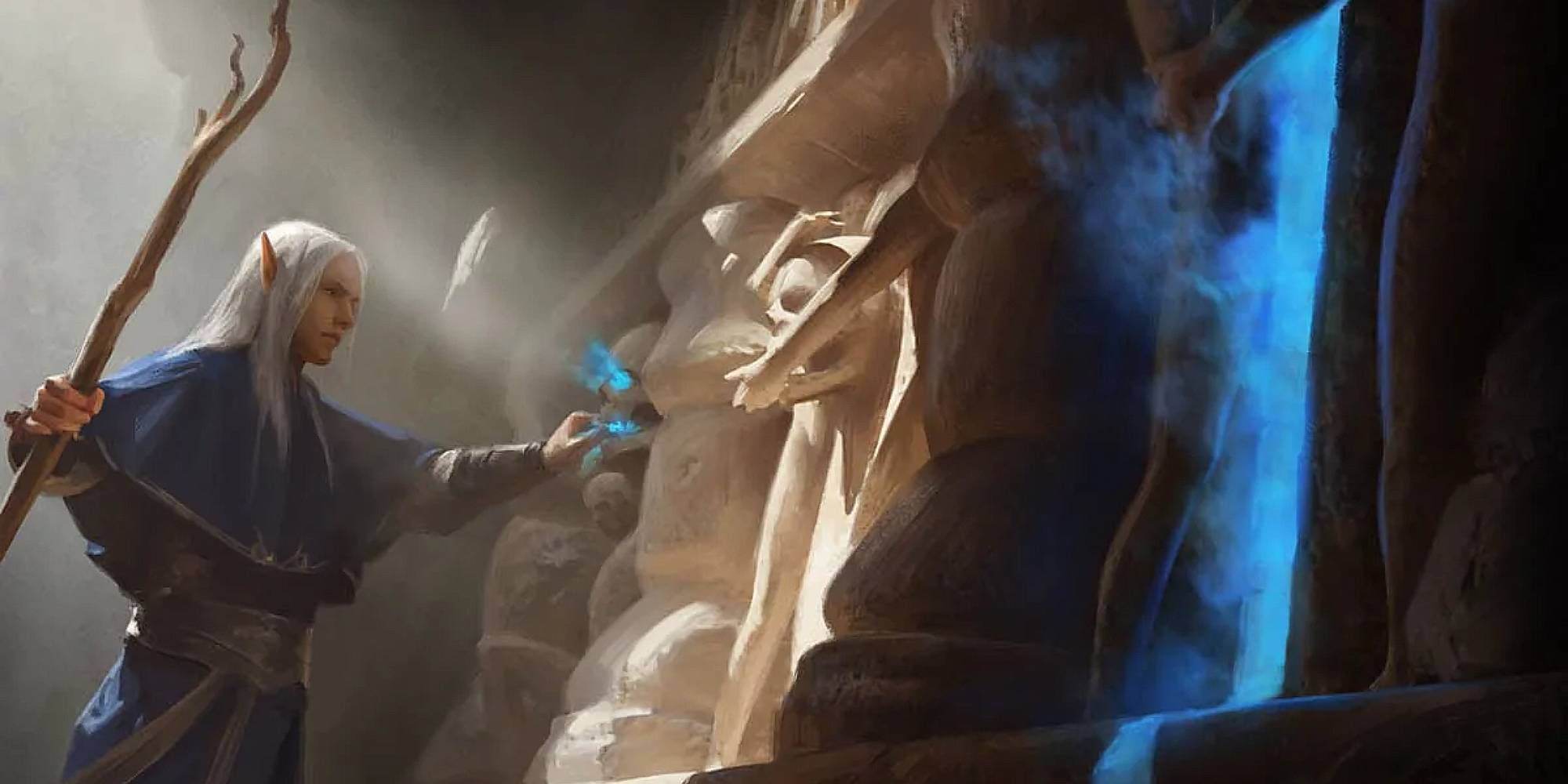 An elven man in blue robes approaches a door of blue mist in an underground environment
