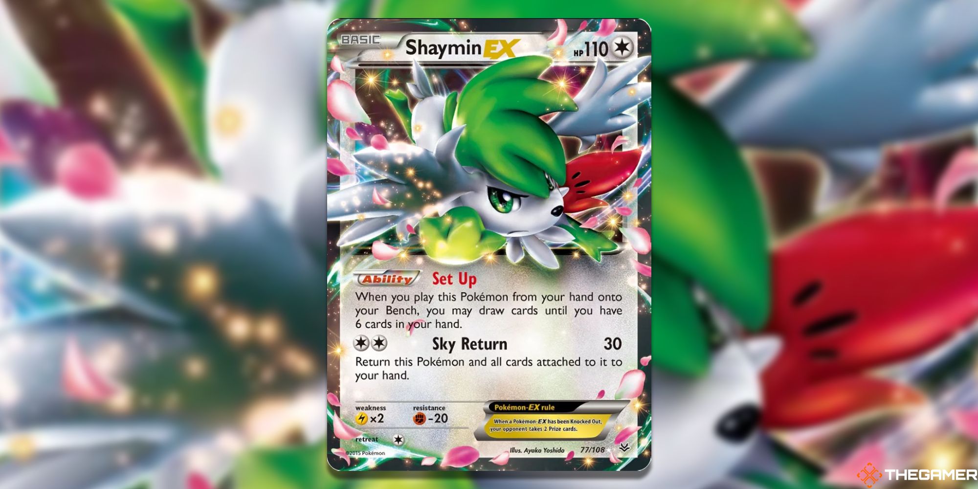 Shaymin-EX from Roaring Skies Card Art with blurred background