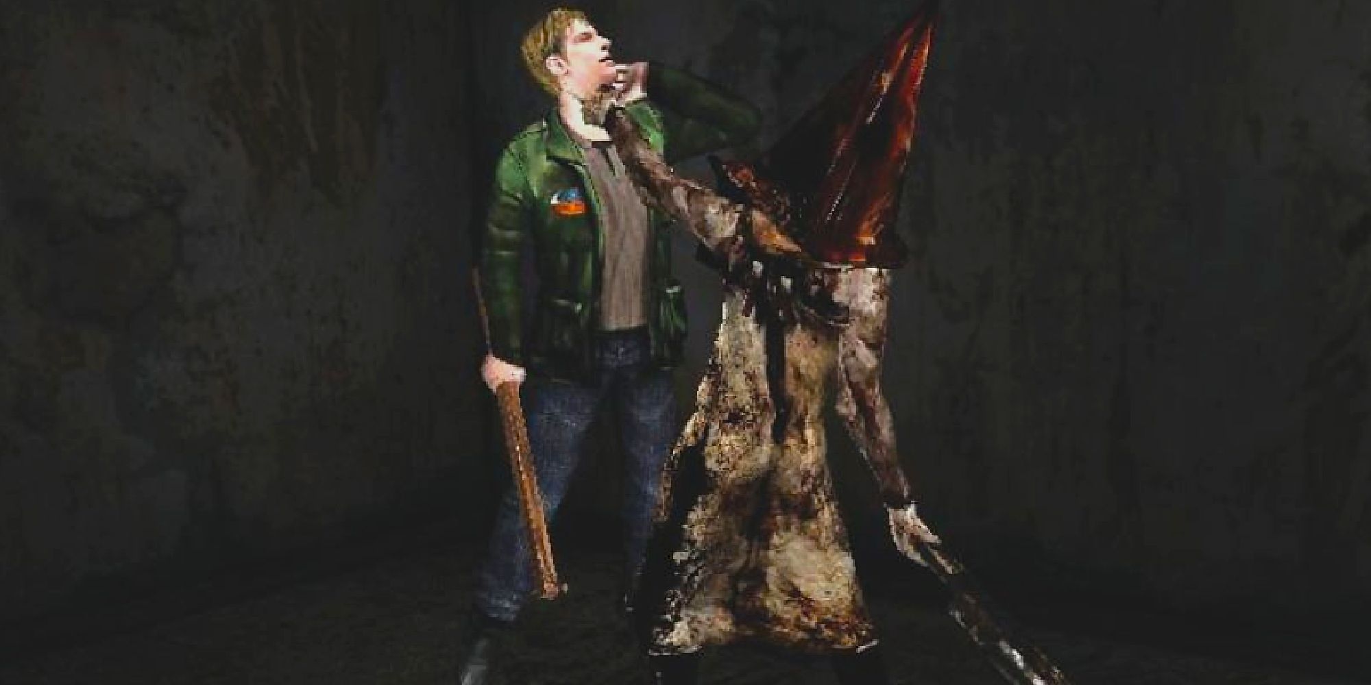 Silent Hill Pyramid Head grabbing James by the throat and lifting him into the air