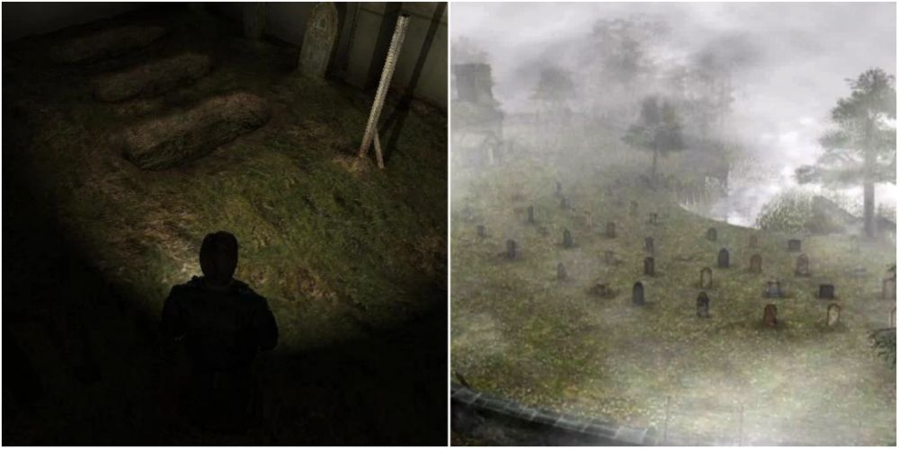 Split image screenshots of James Sunderland in the underground graveyard and Toluca Graveyard in Silent Hill 2.
