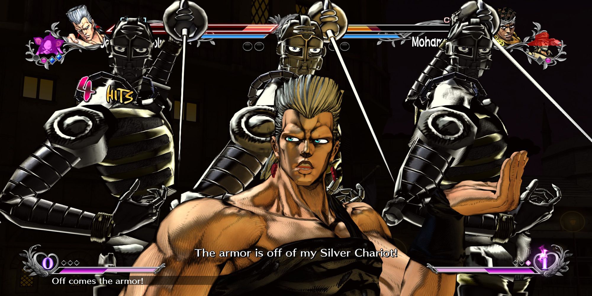 Jean Pierre Polnareff removes Silver Chariot's armor, allowing the Stand to move much faster, in Jojo's Bizarre Adventure ASBR.