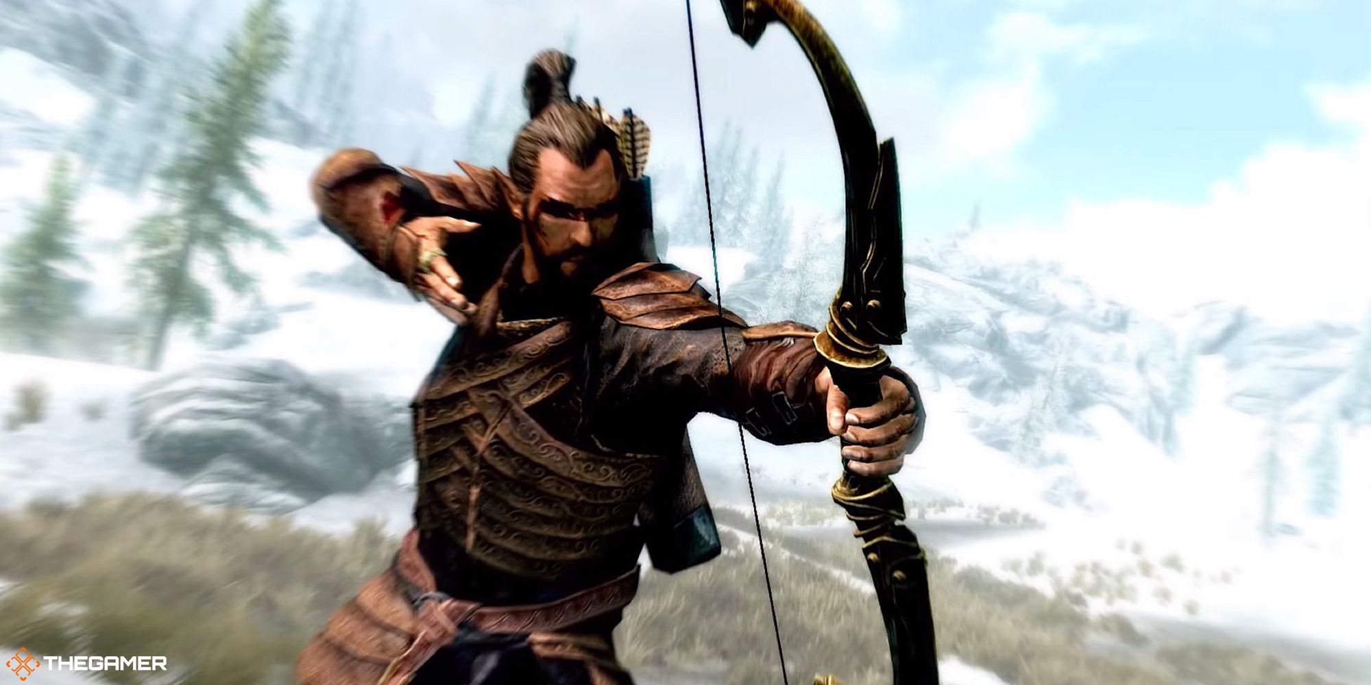 Skyrim: An elf shoots an arrow with a bow.