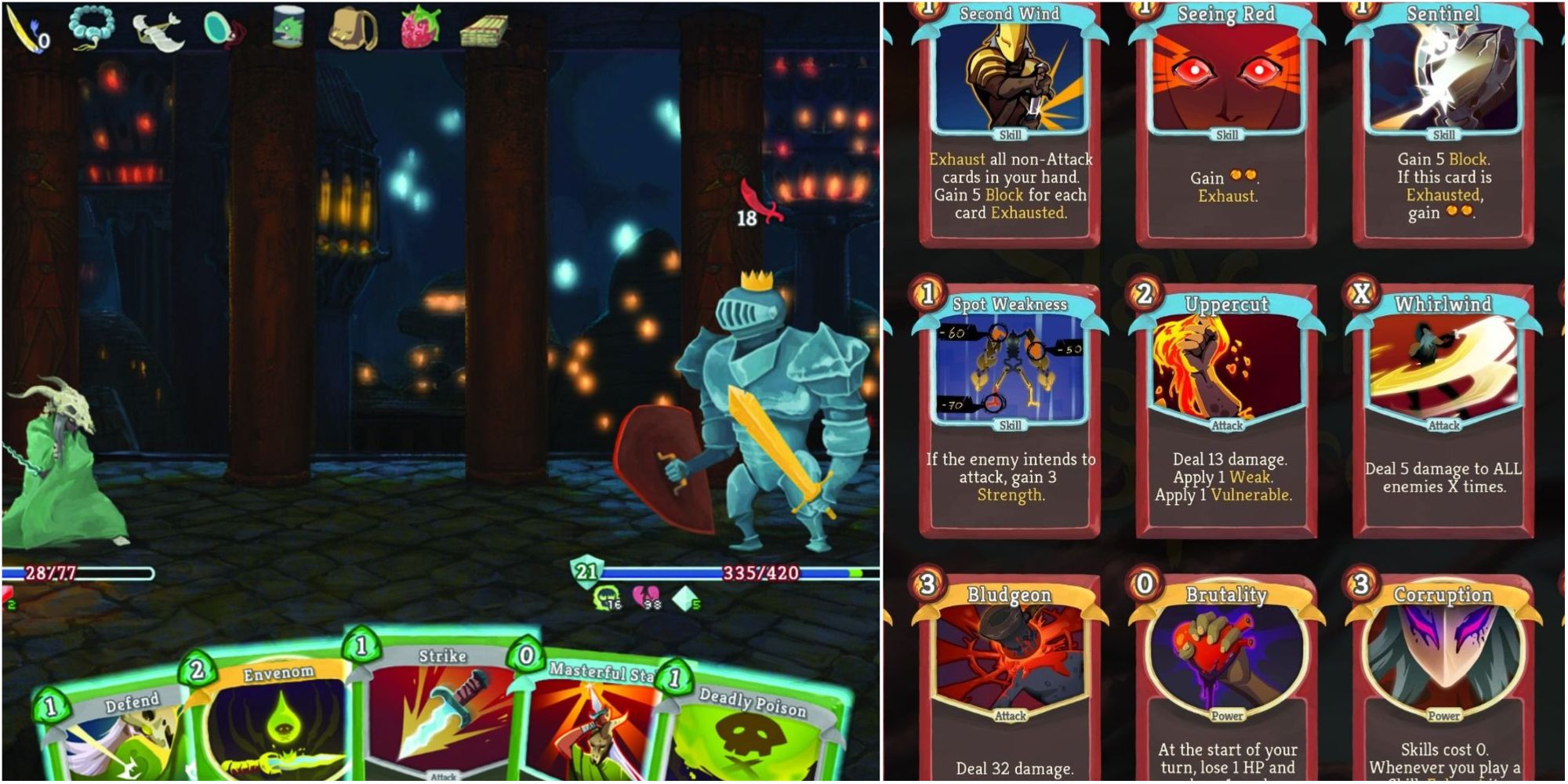 Screenshots of card decks and gameplay from Slay the Spire.