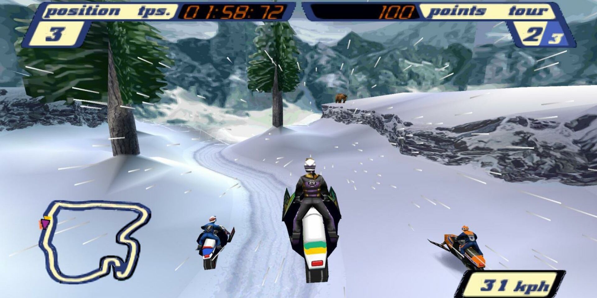 A racer in 3rd place in Sled Storm on PS2. They are between two other racers and a speedometer indicates they're traveling 31 kph.