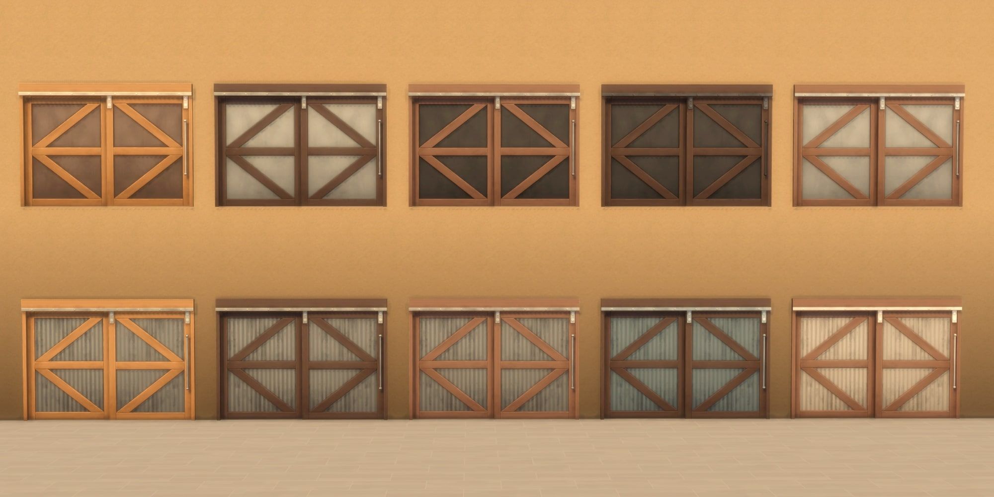 Sims 4: Industrial Loft Kit Sliding Door, all swatches in empty room