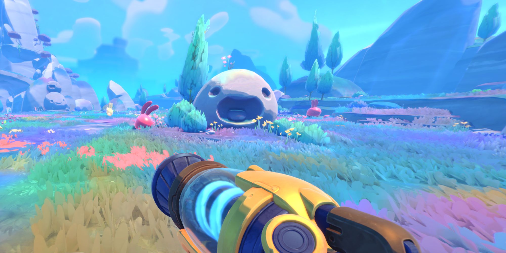 Slime Rancher 2 cotton pink largos by a statue