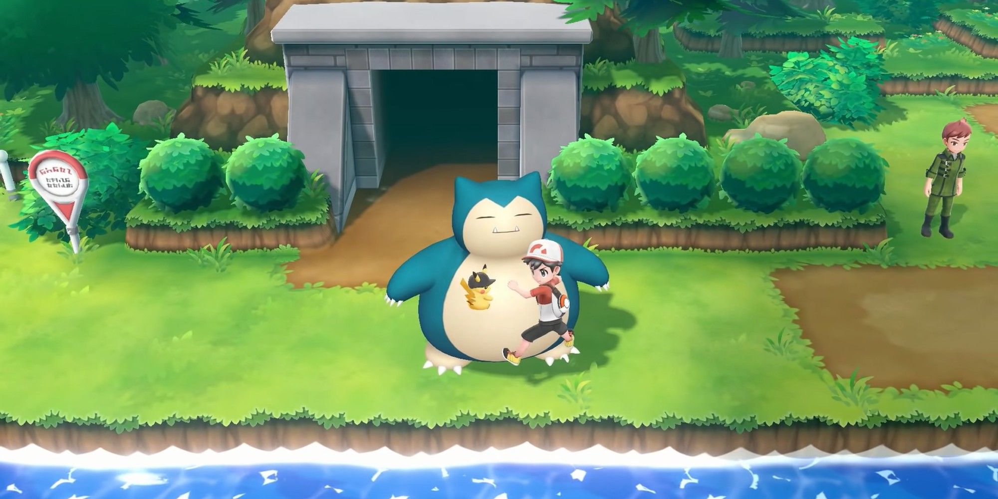 Snorlax from Pokemon Let's Go Eevee & Let's Go Pikachu, standing in front of Diglett's Cave
