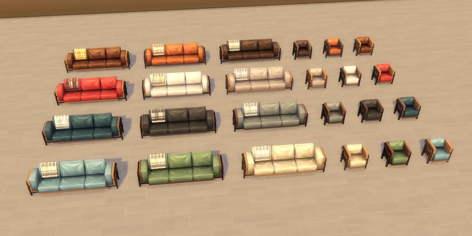 Sims 4: Industrial Loft Kit Sofa & Chair, all swatches in empty room