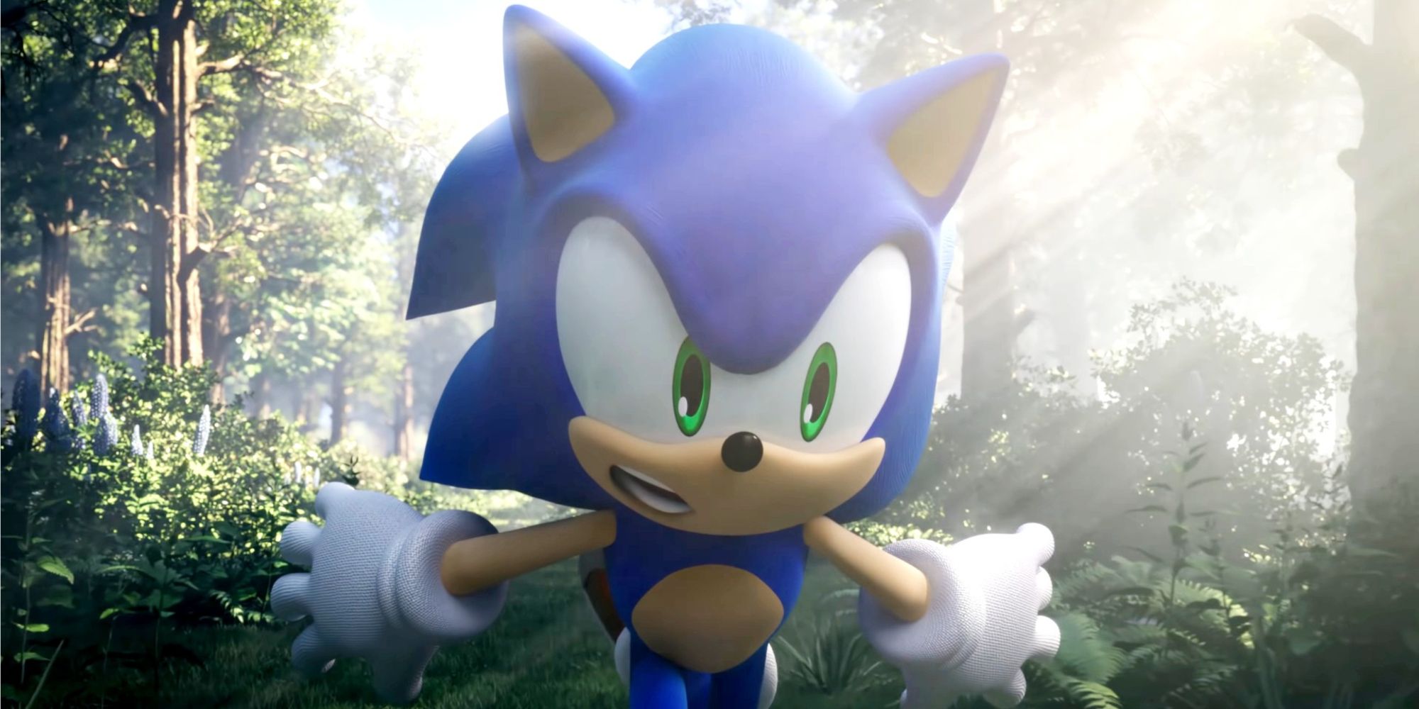 Sonic the Hedgehog dashing through a forest in Sonic Frontiers