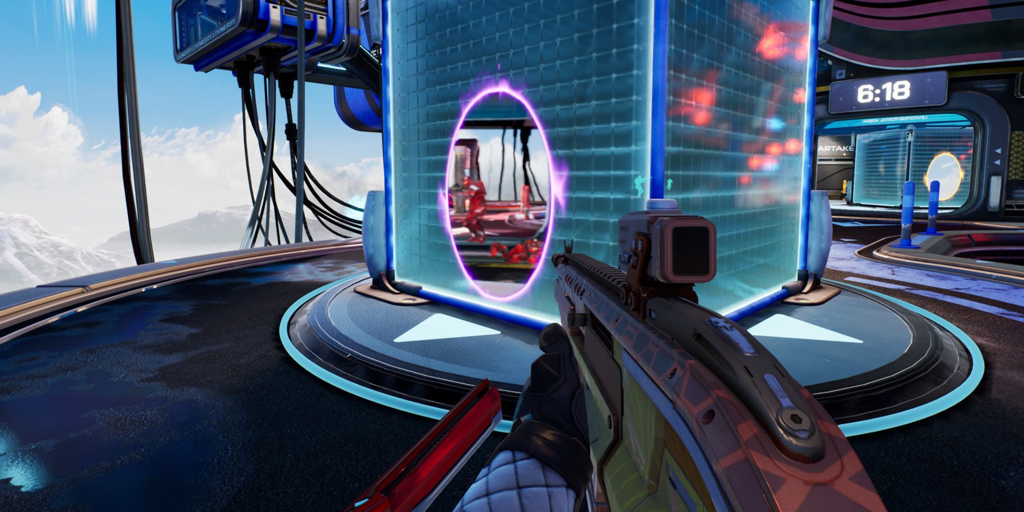 A player peeks into an enemy area using a portal