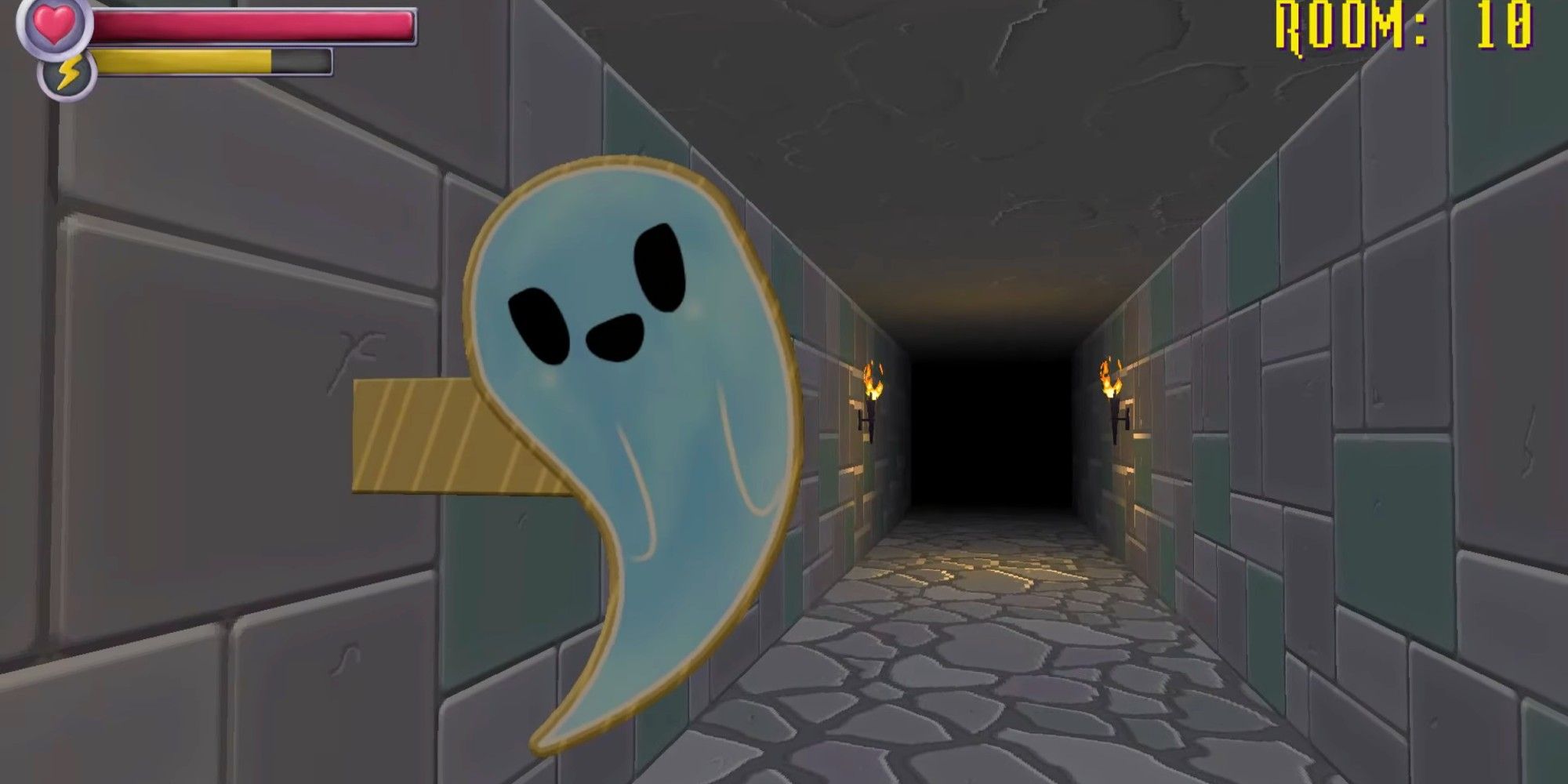 A cardboard ghost cutout jumpscares the player in Spooky&rsquo;s Jumpscare Mansion.