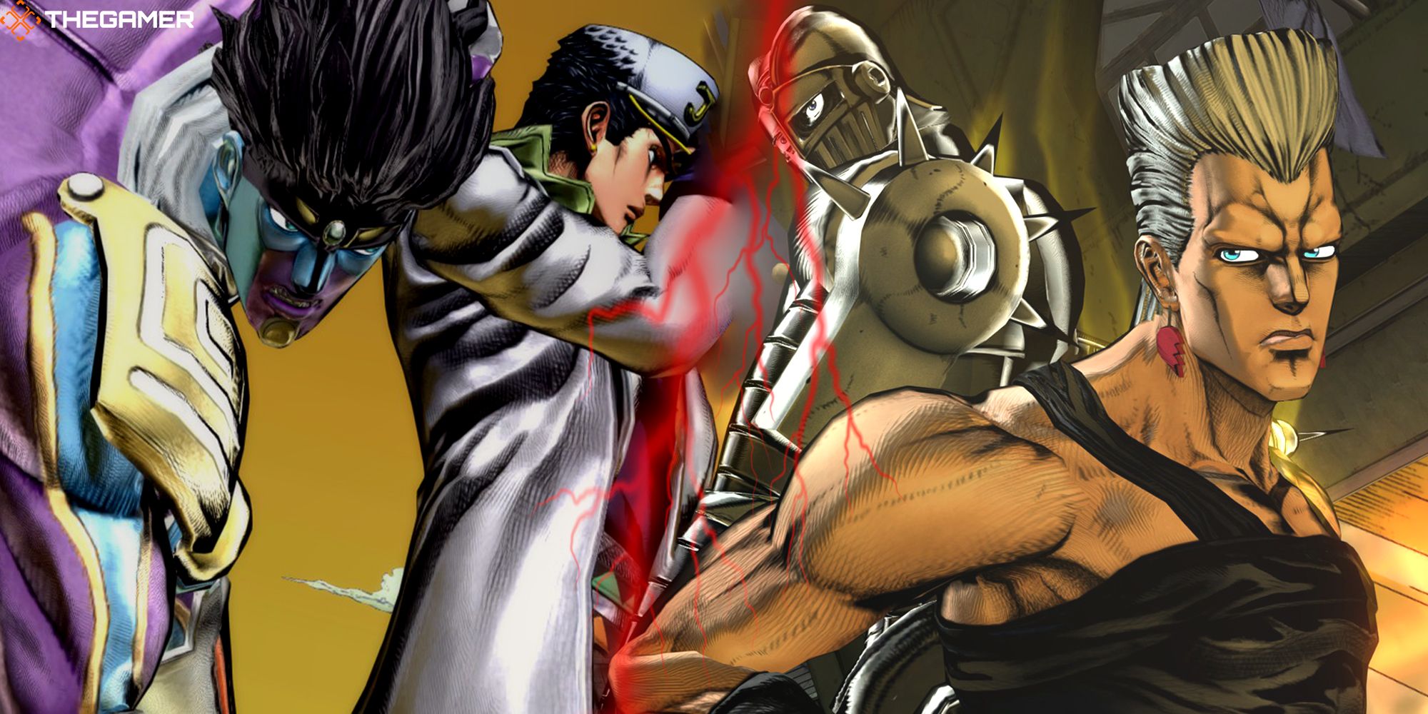 Jotaro Kujo, Jean Pierre, and their Stands, Star Platinum and Silver Chariot, separated by a red lightning bolt. Custom image for Jojo's Bizarre Adventure ASBR.