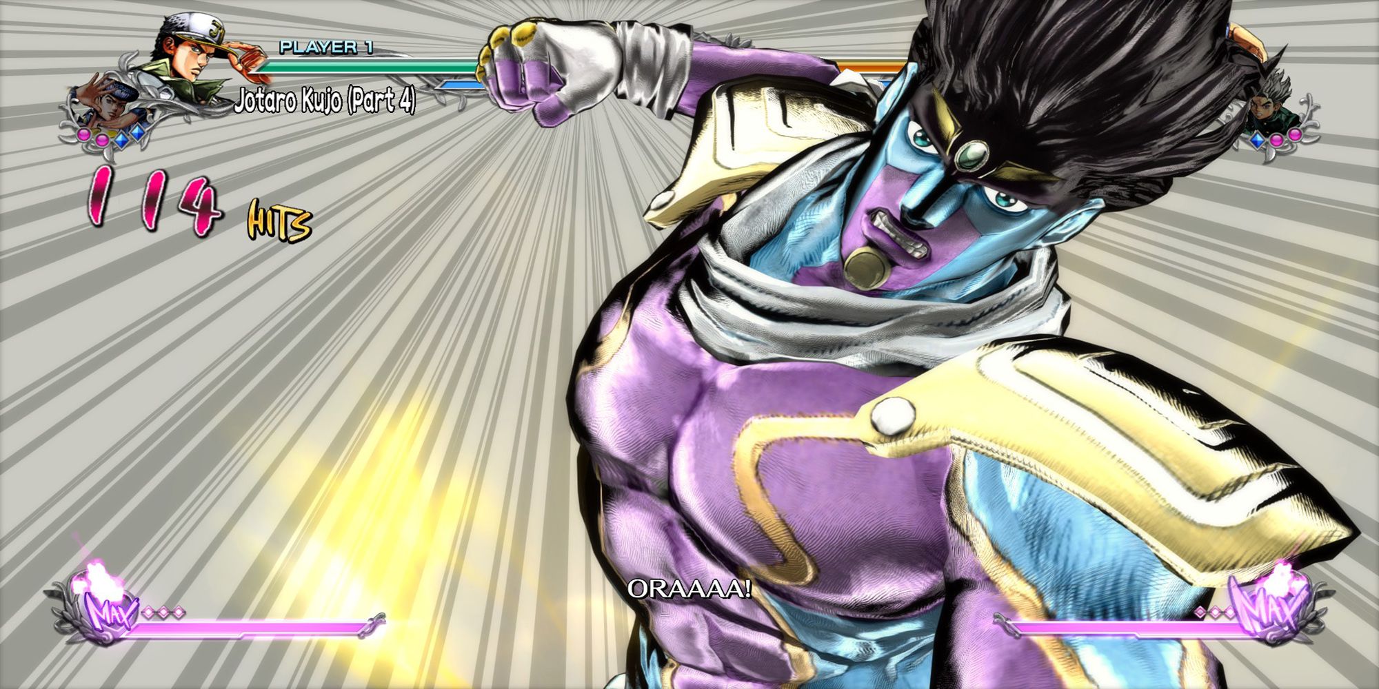Star Platinum charges in for the kill during a Great Heart Attack in Jojo's Bizarre Adventure ASBR.