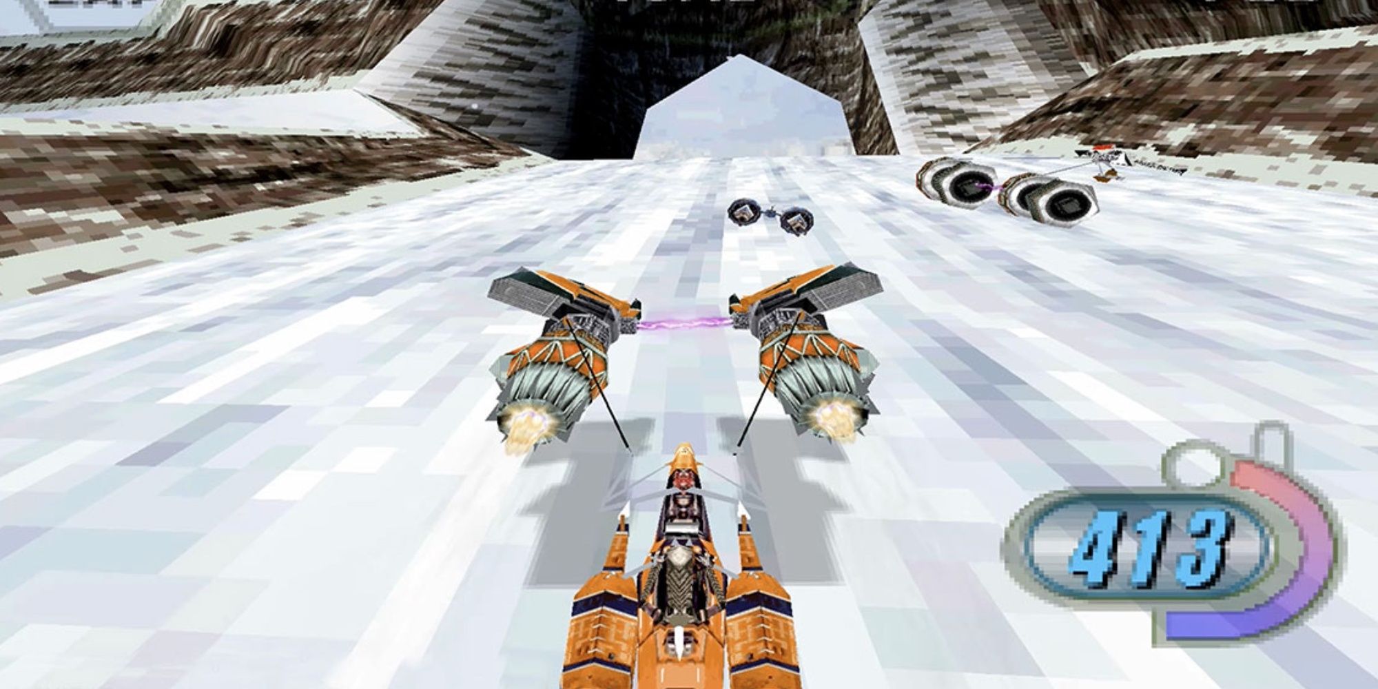 Sebulba's Pod flies to the finish with two other pods over a snowy track in Star Wars Ep 1 Racer.