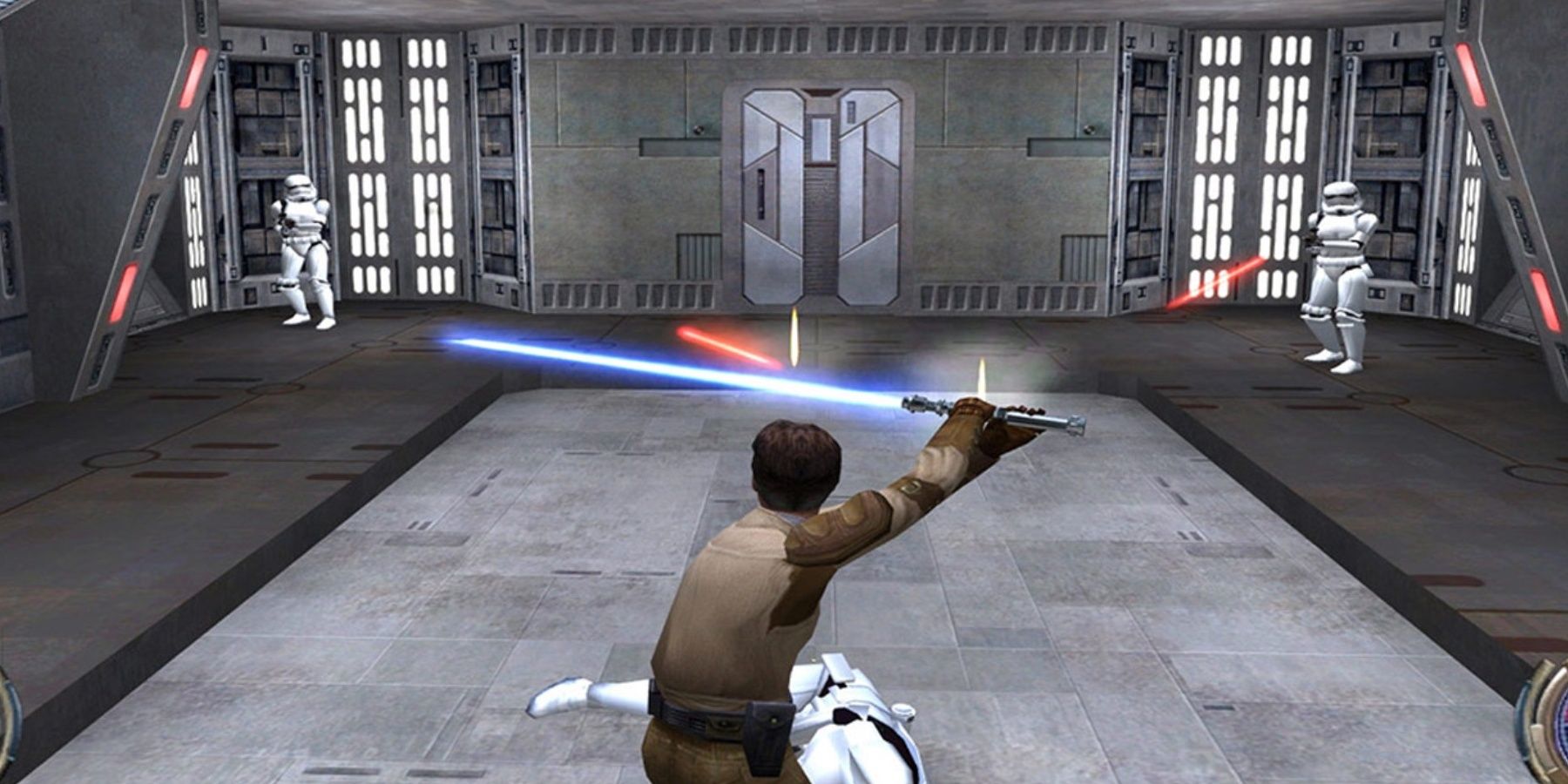 Jaden Korr deflects blaster bolts back at Stormtroopers in Star Wars Jedi Knight - Jedi Academy.